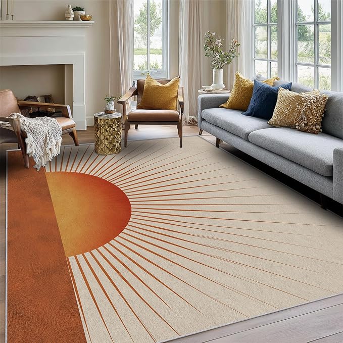 Retro Sunburst Area Rug, Mid Century Sun Pattern Carpet, Washable Non Slip Low Pile Soft Thin, Living Room Bedroom Home Decor Mat 4x5ft