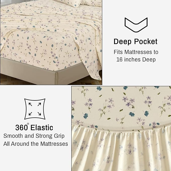 RUVANTI Flannel Sheets Queen Size - 100% Cotton Double Brushed Bed Sheets, Deep Pockets 16 Inches Queen Sheet Set, All Seasons Breathable & Extra Soft - Warm & Cozy, 4 Piece, Jasmine Stamp Cream