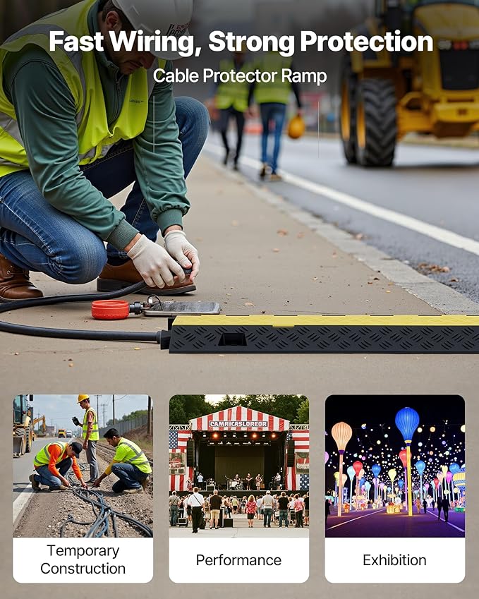 VEVOR 3 PCs Rubber Cable Protector Ramp, 2 Channel Heavy Duty TPU Floor Cord Hose Wire Cover, 1.2'' W x 1.1'' H Channel Size, Traffic Speed Bump with Flip-Open Top Cover, for Indoor Outdoor Use