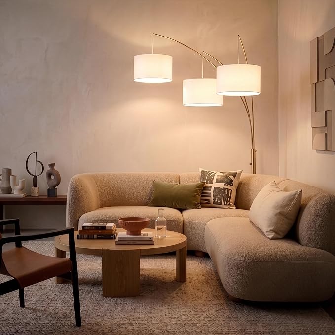 Brightech Trilage Arc Floor Lamp - Large Standing Lamp with 3 Fabric Shades & LED Bulbs for Living Room Over the Sofa, Reading, Multi-Head Traditional Tree Floor Lamp for Bedroom - Brass
