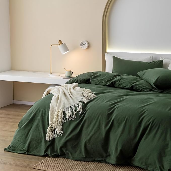 JIYUAN 100% Washed Cotton Duvet Cover Set 3 Pieces Full, 1 Duvet Cover 80x90 Inches(Comforter Not Included) and 2 Pillowcases,Linen Feel Bedding Set Comfy and Breathable,Forest Green