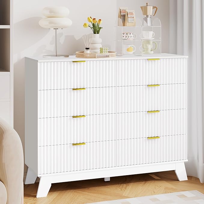 Fluted Dresser for Bedroom, 8 Drawer Dressers & Chest of Drawers, Mid Century Modern Dresser for Closet Boho Bedroom Furniture, Nature Wood Chest of Drawers Storage Organizer for Living Room, White