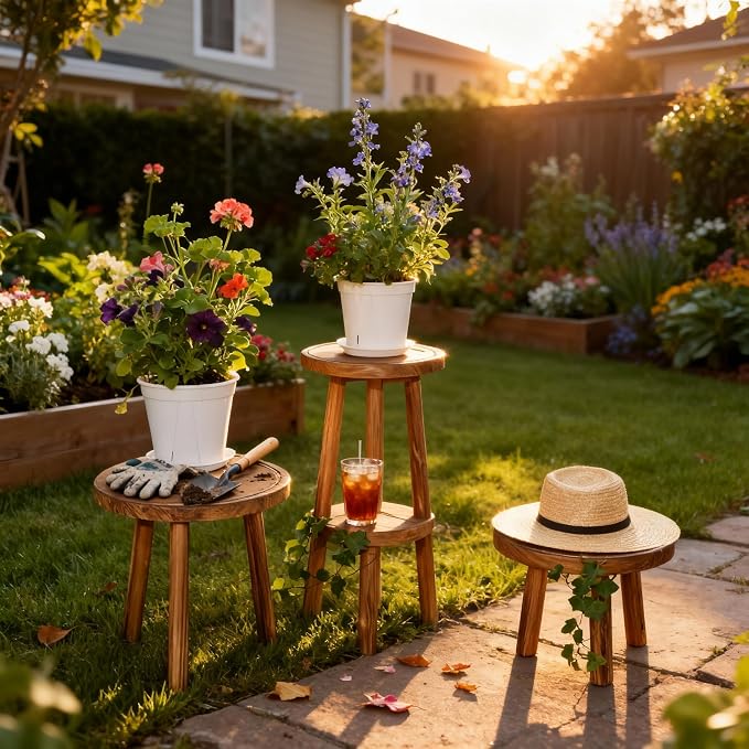 3 PCS Wood Plant Stands Indoor, Three Sizes of Plant Stands Suitable for 6-15 Inch Pots, Single Plant Holder and Wood Stool, Mid-century Modern Plant Pot Stand, Tall and Short Flower Pot Stand