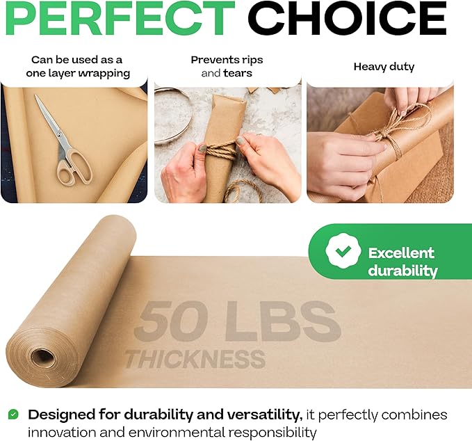 Brown Paper Roll 18" x 1800" (150 feet), Pack of 4 - USA-Made Brown Packing Paper 50lb Thickness for Moving, Shipping, Crafts/Arts - 100% Recycled Natural Wrapping Material by IDL Packaging