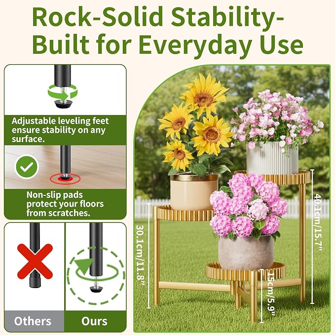 Stand Plants, 3 Tier Metal Corner Plant Stands for Outdoor Indoor, Heavy Duty Flower Pot Stands for Multiple Plants, Decoration Floding Tall Display Racks for Patio Garden -GoldFloroma