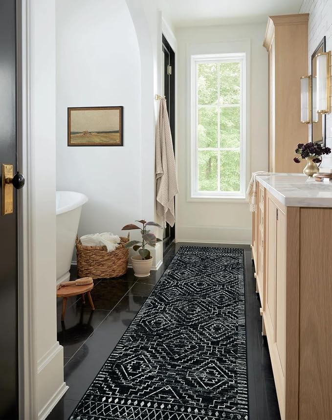 Wonnitar Washable Runner Rugs for Hallway 2'6"x10', Moroccan Non-Slip Black Long Kitchen Runner, Low Pile Boho Soft Carpet Runner for Entrance Living Room Entryway Bedroom (Black,2'6"x10')