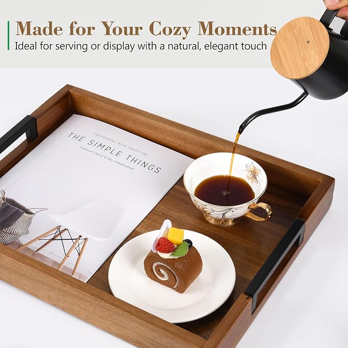 Large Ottoman Tray for Living Room and Coffee Table, Decorative Acacia Wood Serving Tray with Metal Handles for Breakfast in Bed, Dinner Food Kitchen TV (Natural, 20" x 14" x 2")