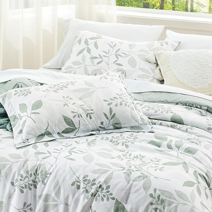 Bedsure Twin/Twin XL Comforter Set Dorm Bedding - White & Green Floral Comforter Set, Twin Extra Long Comforter for College, 2 Pieces Summer Bed Includes 1 Pillow Sham Floral Sage Green