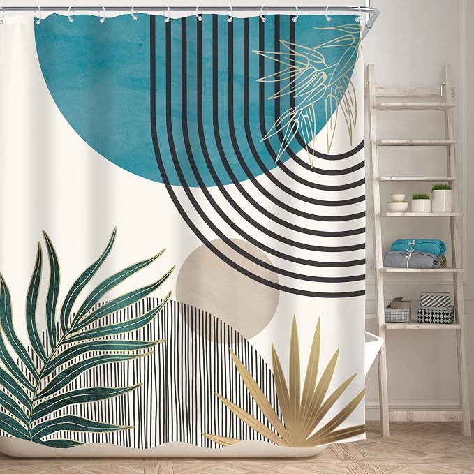 KOMLLEX Mid Century Boho Shower Curtain for Bathroom Decor Abstract Blue Modern Minimalist Grey Aesthetic Sun Arch Curve Leaves Geometric Neutral Fabric Waterproof Polyester 12 Pack Hook 60Wx72L