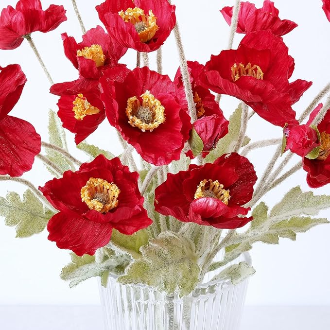 6PCS Red Poppy Flowers Artificial Silk Poppies Faux Bouquet for Christmas Fake Floral Home Decor Living Room Kitchen Party Xmas Red Table Centerpieces