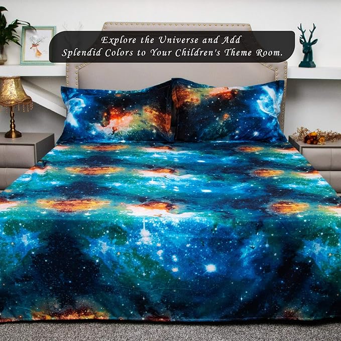Bedlifes Galaxy Outer Space Sheet Set, Galaxy Themed, 3 pcs Including Flat Sheet, Fitted Sheet, and 1 Pillowcase (Blue Full)