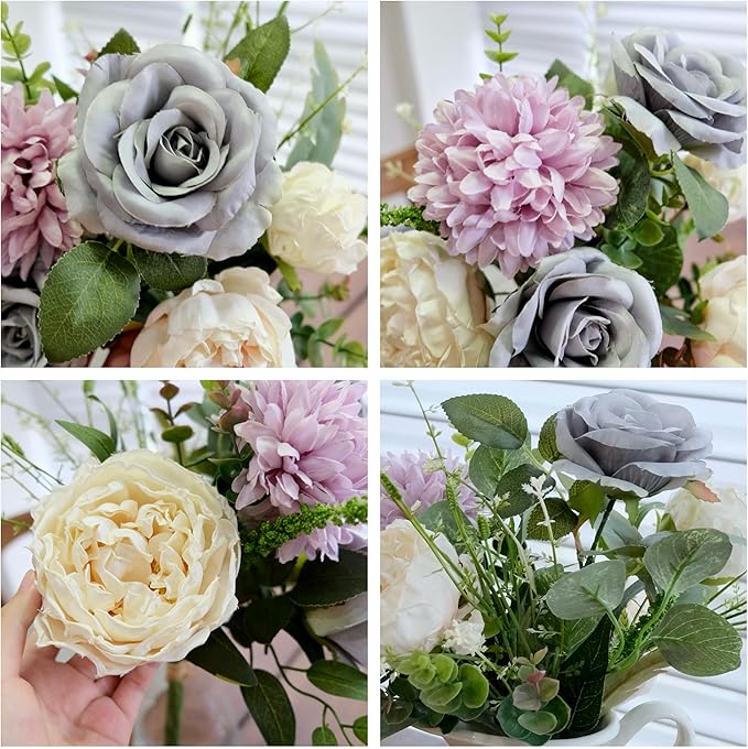 2Pcs Artificial Flower Bouquets Decoration, Faux Floral Arrangement Table Centerpiece Home Farmhouse Indoor Decor, Wedding Bride Bouquet, Mixed Fake Flower Picks for Vase/Pot (Blue/Purple/Cream/Green)