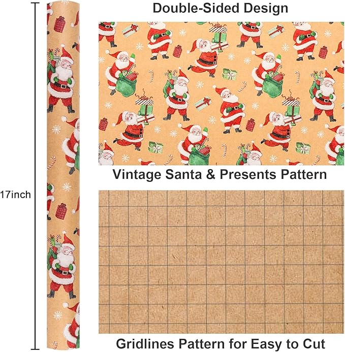 Yarcony Santa Christmas Wrapping Paper Roll, Kraft Holiday Wrapping Paper, Recyclable Funny Red Rolls From North Christmas Gift Wrap for Winter Holiday Packaging, Party Decoration (17 Inch X 33 Feet)