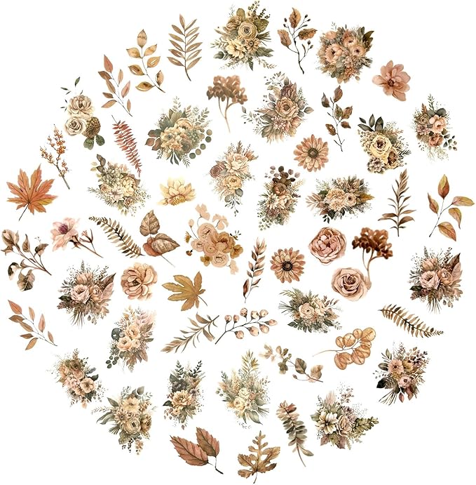 Obujopal 100 Pcs Autumn Flower Stickers for Scrapbooking Junk Journal Card Making CollageNotebook Diary Planner Letter Envelope Water Bottle Phone Case Craft Decoration (Autumn)