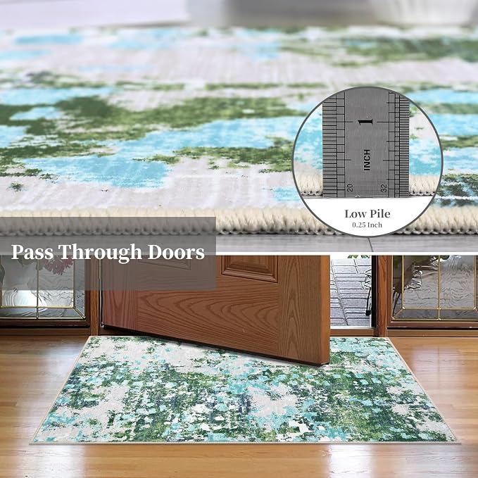 GAOMON 9x12 Washable Boho Chic Abstract Watercolor Design Area Rug Low Pile Thin Living Room Rug Non Slip Soft Bedroom Rug Abstract Accent Carpet for Dining Room Nursery, Green/Turquoise