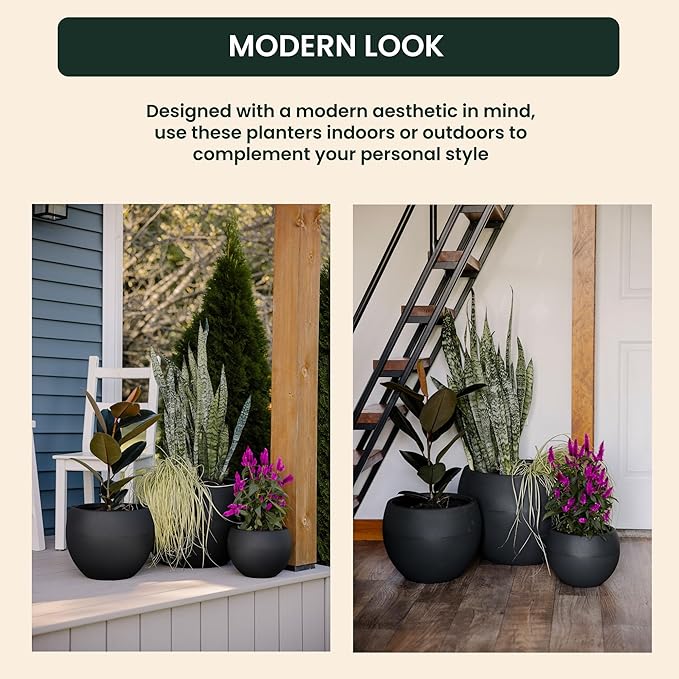 Beuta Large Planters for Outdoor Plants - Set of 3, 8/12/14 Inches Outdoor Planters for Porch - Tall Planter for Outdoor & Indoor Plants | Large Indoor Plant Pot - USA Made - Black