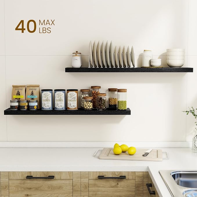 Dreamland 40Inch Floating Shelves for Wall, Rustic Wooden Black Floating Shelves for Living Room, Kitchen, Farmhouse, Deep Wall Mounted Book Shelf, Wood Storage Display Shelf for Home Decor, Set of 2