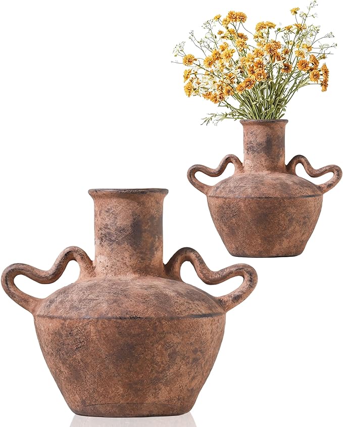 UPWOIGH 9.3in Tall Vintage Handles Terracotta Vase, Rustic Brown Ceramic Pottery Jug with Distressed Black Markings, Mediterranean Farmhouse Table or Mantel Decor, Antique Gift 1Pack