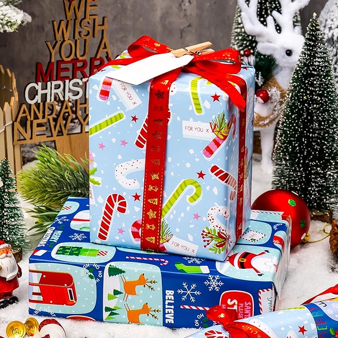 MAYPLUSS Christmas Gift Wrapping Paper - 17In x 120In Per Roll - Magic Fairytale Santa Claus and Unicorn, Santa Reindeer, Candy Christmas Winter Holiday Gift Wrap Paper for Housewarming, Party