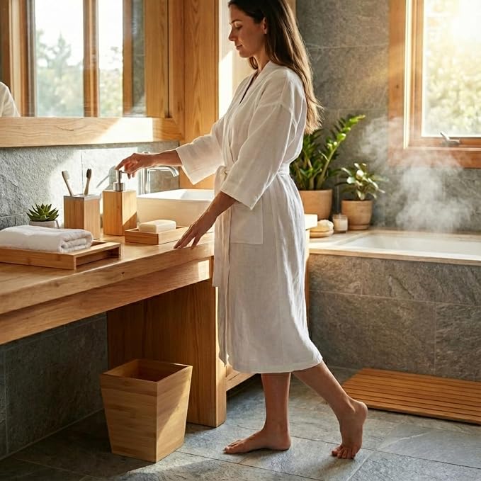 5-Piece Bathroom Decor Set - Bamboo Vanity Accessories with Trash Bin, Soap Dish, Soap Dispenser, Toothbrush Holder, and Tray by Lavish Home (Natural)