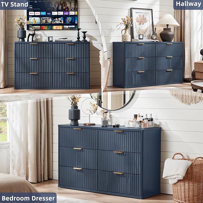 LEYAOYAO Fluted 6 Drawers Dresser, 48" Wide Modern Chest of Drawers with Woodgrain Top, Curved Profile Design, Dresser TV Stand, Wood Drawer Organizer for Bedroom, Living Room, Hallway,Blue