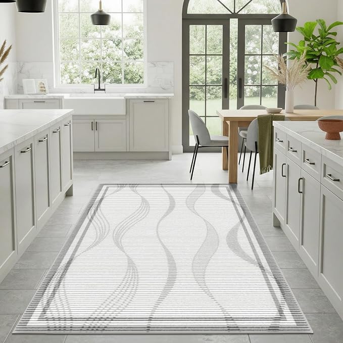 Merelax Large 4x6 Entryway Rug Indoor - Washable Non-Slip Low Pile Soft Area Rug for Entrance, Kitchen, Bedroom Bedside, Mudroom, Modern Aesthetic Abstract Geometric Decor Thin Carpet, Grey