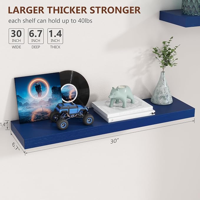 fuqing 30 Inch Floating Shelves, Dark Blue Floating Shelves for Wall Set of 2, 30'' Long Wooden Wall Shelves for Living Room Bedroom Kids' Room Boys' Room - Dark Blue