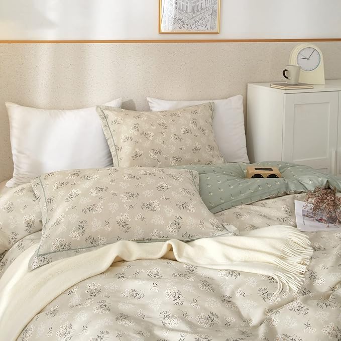 EAVD Twin XL Duvet Cover Boho Floral Duvet Cover Soft 100% Cotton Garden Beige Floral Bedding Set with 2 Pillowcases Chic Botanical Duvet Cover with Zipper Closure 4 Ties (EAVD00142-TXL)