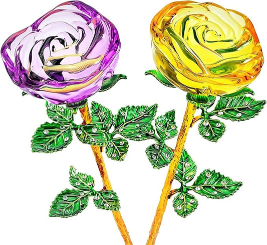 HDCRYSTALGIFTS 9.5'' Crystal Rose Flower Glass Purple and Yellow Flowers with Green Leaves for Wedding Anniversary/Wife, Romantic Forever Gifts for Her (Pack of 2)