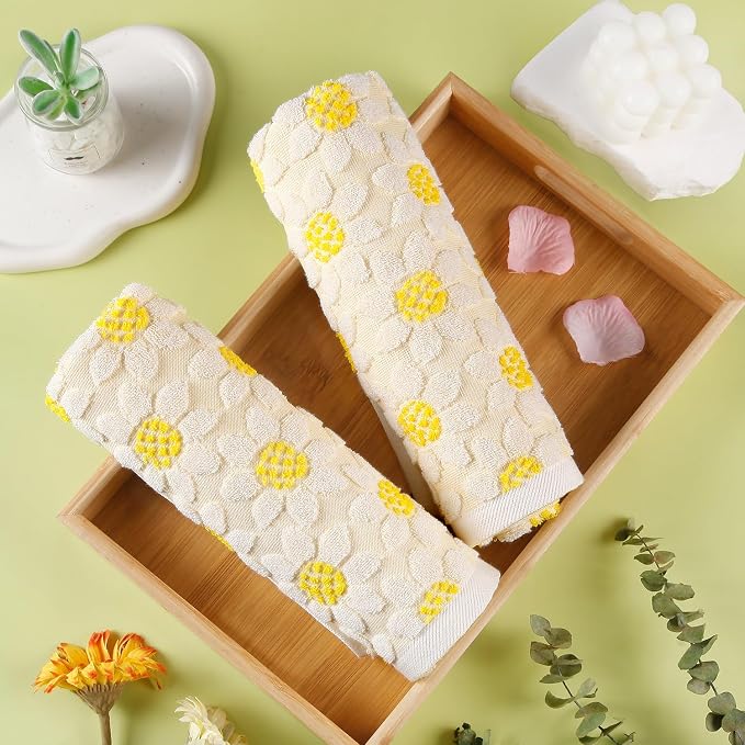 Quera 2 Pack Hand Towels Spring Summer White Yellow Flower Sunflower Farmhouse Cotton Bathroom Decorative Towels Set for Drying, Cleaning, Cooking, Holiday 13.7'' x 29.5''