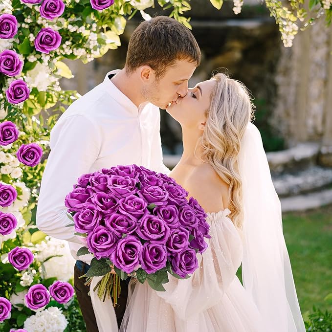 30 Pcs Rose Artificial Flowers in Bulk Real Touch Long Stem Silk Roses Bouquets Realistic Faux Flowers for Wedding Bridal Shower Home Decor Floral Arrangements Table Centerpiece(Purple)