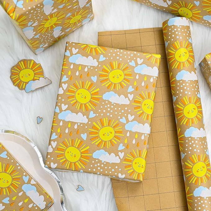 MAYPLUSS Kraft Baby Shower Wrapping Paper, Recyclable Sunshine, Cloud & Heart Design Baby Gift Wrap Paper for Children Birthday, Party, Holiday, Cute Wrapping Paper Mini Roll (17 Inch X 33 Feet)