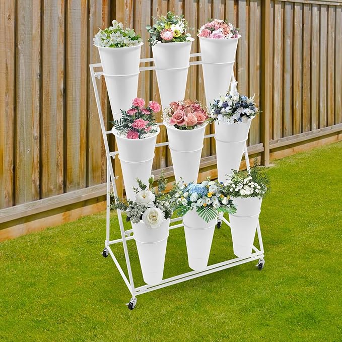 DYRABREST Flower Display Stand with Buckets, White 3 Layers Metal Plant Stand with 9 Pieces Buckets, Moving Florist Bouquet Shelf for Fresh Flower Shop, for Patio Garden, Outdoor Flower Pop-Up Events