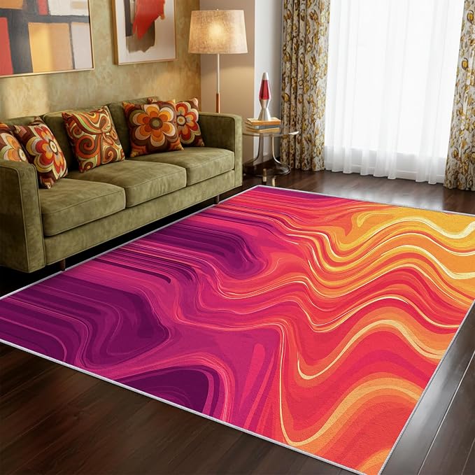 70s Rug 4x6 Vibrant Sensory Abstract Retro Pop Pattern Area Rugs for Living Room, Bedroom, 70s Home Decor Accessories Indoor Carpet, Non Slip & Machine Washable, GD0405