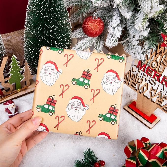 Yarcony Kraft Christmas Wrapping Paper Roll, Brown Vintage Santa Wrapping Paper, Funny Santa, Truck & Candy Cane Pattern Thick Christmas Gift Wrap for Holiday Gift Packaging (17 Inch X 33 Feet)