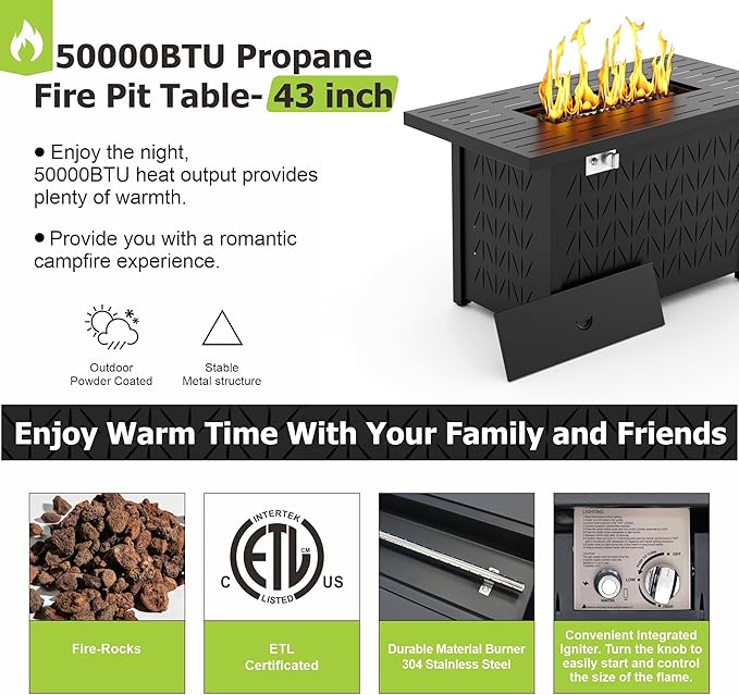43" Rectangular Propane Fire Pit for Outside Patio 2 in 1, 50,000 BTU Fireplaces with Lid, Glass Rocks, Cover