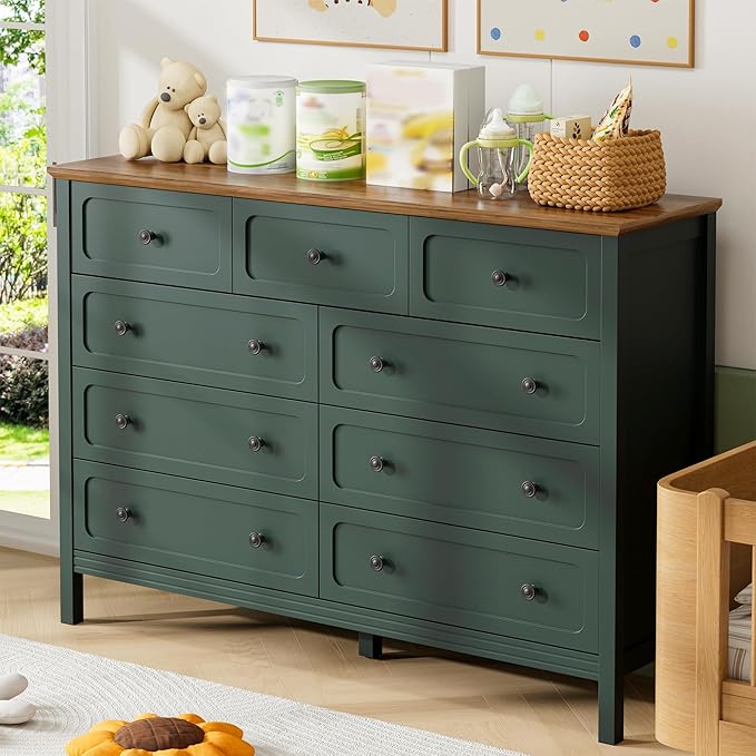 Dresser for Bedoom, Modern Chest of Drawers, Wood 9 Drawer Dresser with Metal Handles, Storage Organizer Wide Dressers for Living Room, Hallway, Entryway, Green