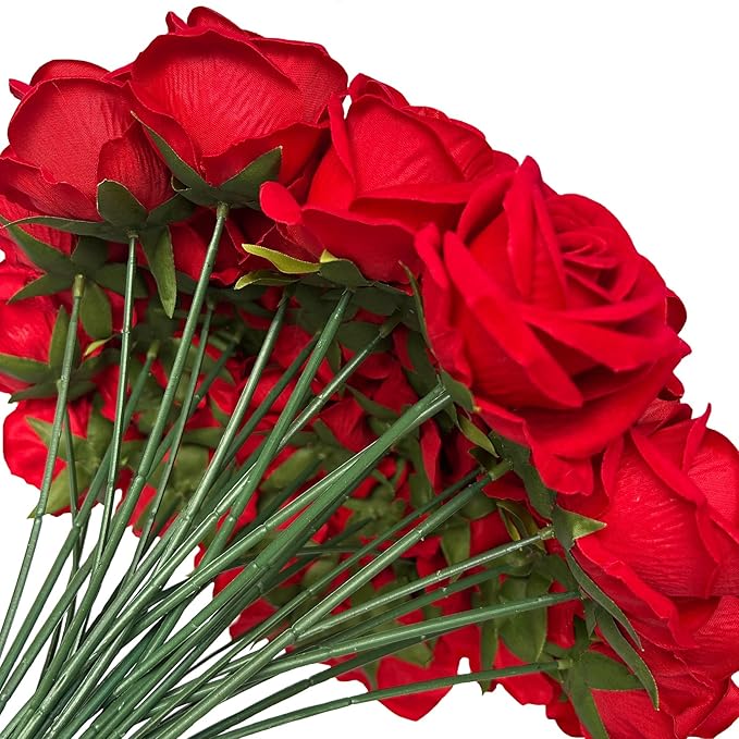 FagusHome 30 Pcs Silk Rose Artificial Flowers Roses Bulk Bouquet Fake Flowers Rose Heads with Stems for Home Wedding Decor (Red)