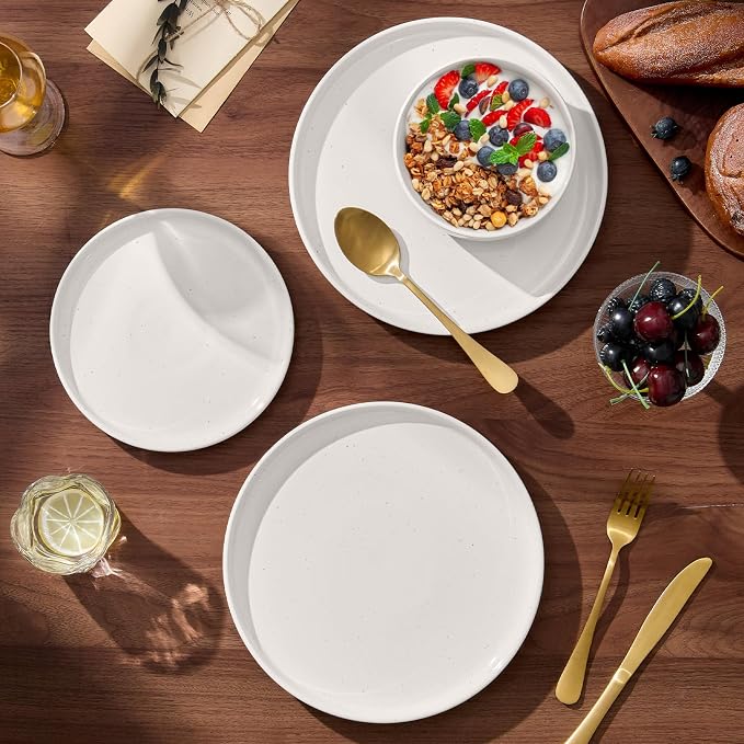 E-far 6-Piece Stoneware Dinnerware Sets, Plates and Bowls Sets for 2, Ceramic Dishware Dishes Set with Terracotta Base, Chip & Scratch Resistant, Microwave & Dishwasher Safe, Speckled White