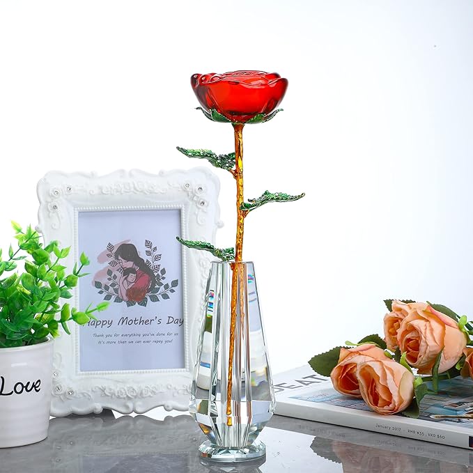 HDCRYSTALGIFTS 10'' Crystal Rose Flower Figurine Collectible Flower Gifts for Women,Crystal Glass Flower Collectible Ornaments for Christmas Home Table Centerpiece