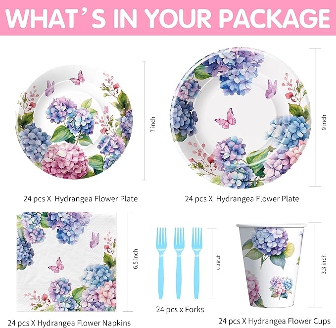 Hydrangea Floral Plates and Napkins Party Supplies - Paper Plate, Cup, Napkin, Fork - Flower Hydrangea Birthday, Bridal, Baby Shower, Wedding Decorations | Serve 24