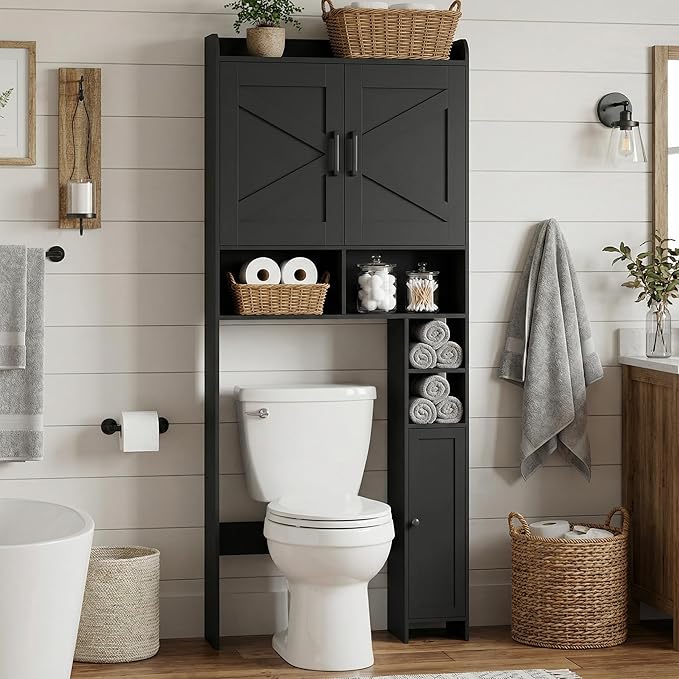 Homhedy Over The Toilet Storage Cabinet with 2 Barn Door and Toilet Paper Holder Stand, FreeStanding Toilet Shelf Space Saver, for Bathroom, Restroom, Laundry, Black