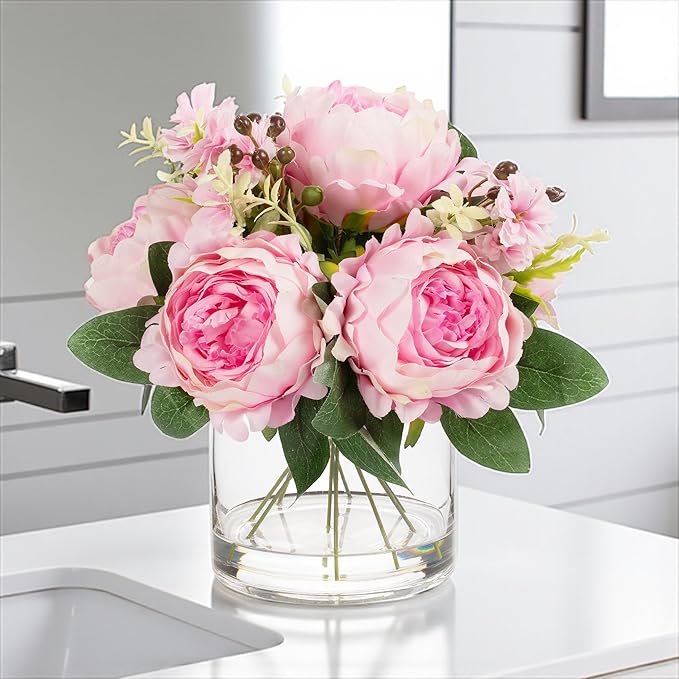 ENOVA FLORAL Artificial Flower Arrangement with Vase,Mixed Artificial Fake Silk Peony Flower in Vase for Decoration Home Office, Wedding Centerpiece (Dark Pink01)