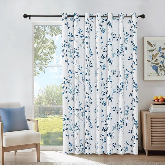 Beauoop Floral 100% Blackout Curtains 84 Inch Length 1 Panel for Patio Sliding Door Extra Wide Navy Blue Flower Patterned Divider Room Darkening Thermal Soundproof Grommet Window Drapes, 100x84, 1 set