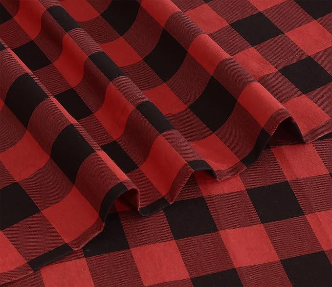 RUVANTI Flannel Sheets Queen Size - 100% Cotton Double Brushed Bed Sheets, Deep Pockets 16 Inches Queen Sheet Set, All Seasons Breathable & Extra Soft - Warm & Cozy, 4 Piece, Red & Black Plaid