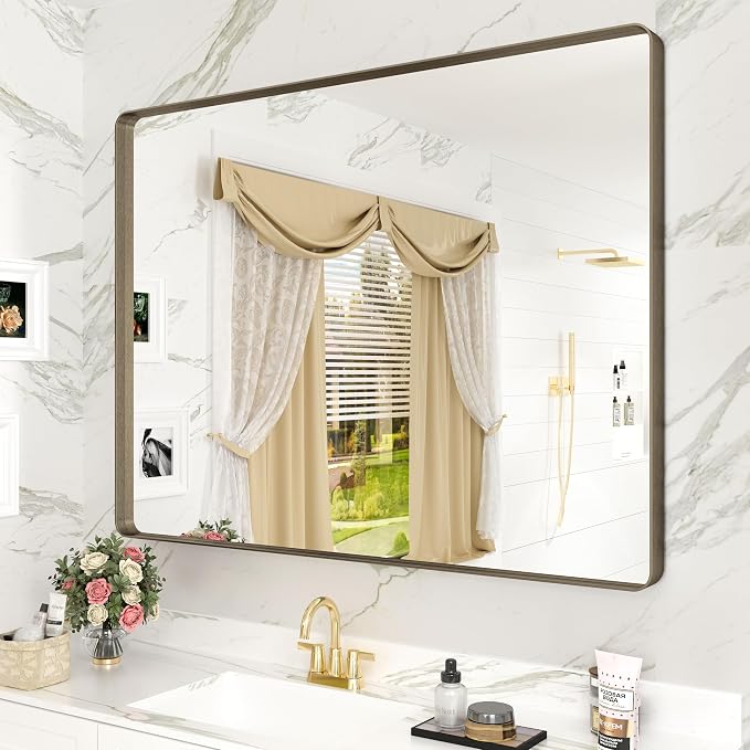 40x30 Bronze Brushed Bathroom Mirror for Wall, Brushed Metal Framed Bathroom Vanity Mirror, Modern Rectangle Mirror, Rounded Corner, Shatterproof, Anti-Rust (Horizontal/Vertical)