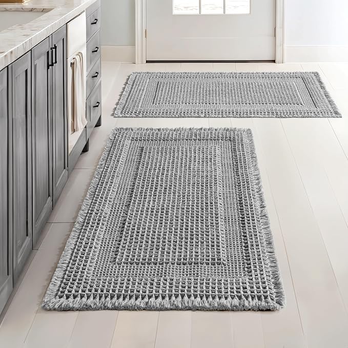 MIULEE Set of 2 Waffle Bathroom Rugs, Boho Bath Rug Super Absorbent, Non Slip Washable Ultra Soft Rubber Backed Shower Bath Mats for Floor, Tub, Shower, Looped Design, Light Grey, 17"x24"+18"x30"