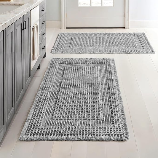 MIULEE Set of 2 Waffle Bathroom Rugs, Boho Bath Rug Super Absorbent, Non Slip Washable Ultra Soft Rubber Backed Shower Bath Mats for Floor, Tub, Shower, Looped Design, Light Grey, 17"x24"+18"x30"