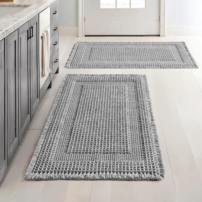 MIULEE Set of 2 Waffle Bathroom Rugs, Boho Bath Rug Super Absorbent, Non Slip Washable Ultra Soft Rubber Backed Shower Bath Mats for Floor, Tub, Shower, Looped Design, Light Grey, 18x30 Inch