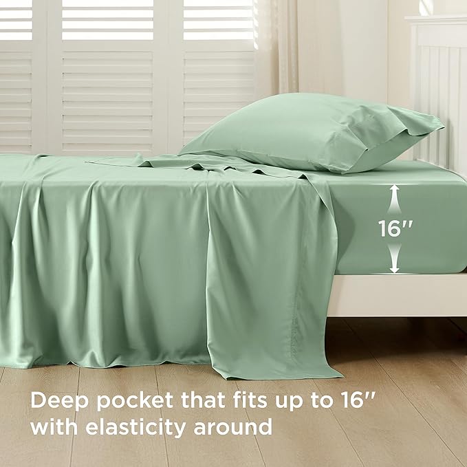 Bedsure Cooling Sheets Twin, Rayon Derived from Bamboo, Breathable & Soft Twin Sheets Set, Deep Pocket Up to 16 Inches, Hotel Luxury Silky Bedding for Hot Sleepers, Sage Green